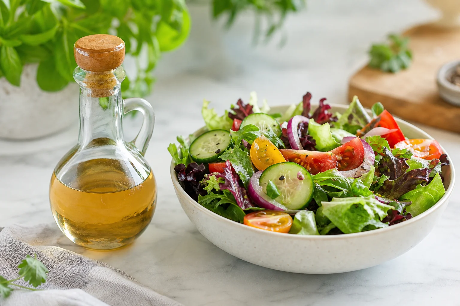 Vinegar bottle beside fresh garden salad in ceramic bowl