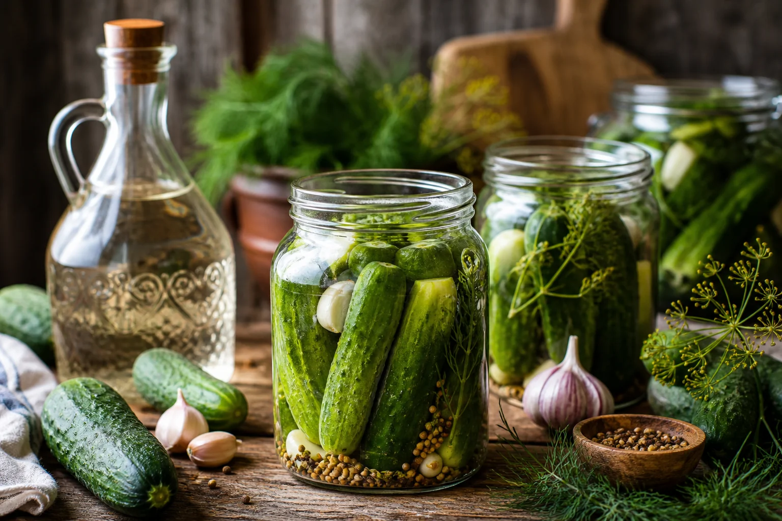 Pickling jars with vinegar and fresh cucumbers on wooden table