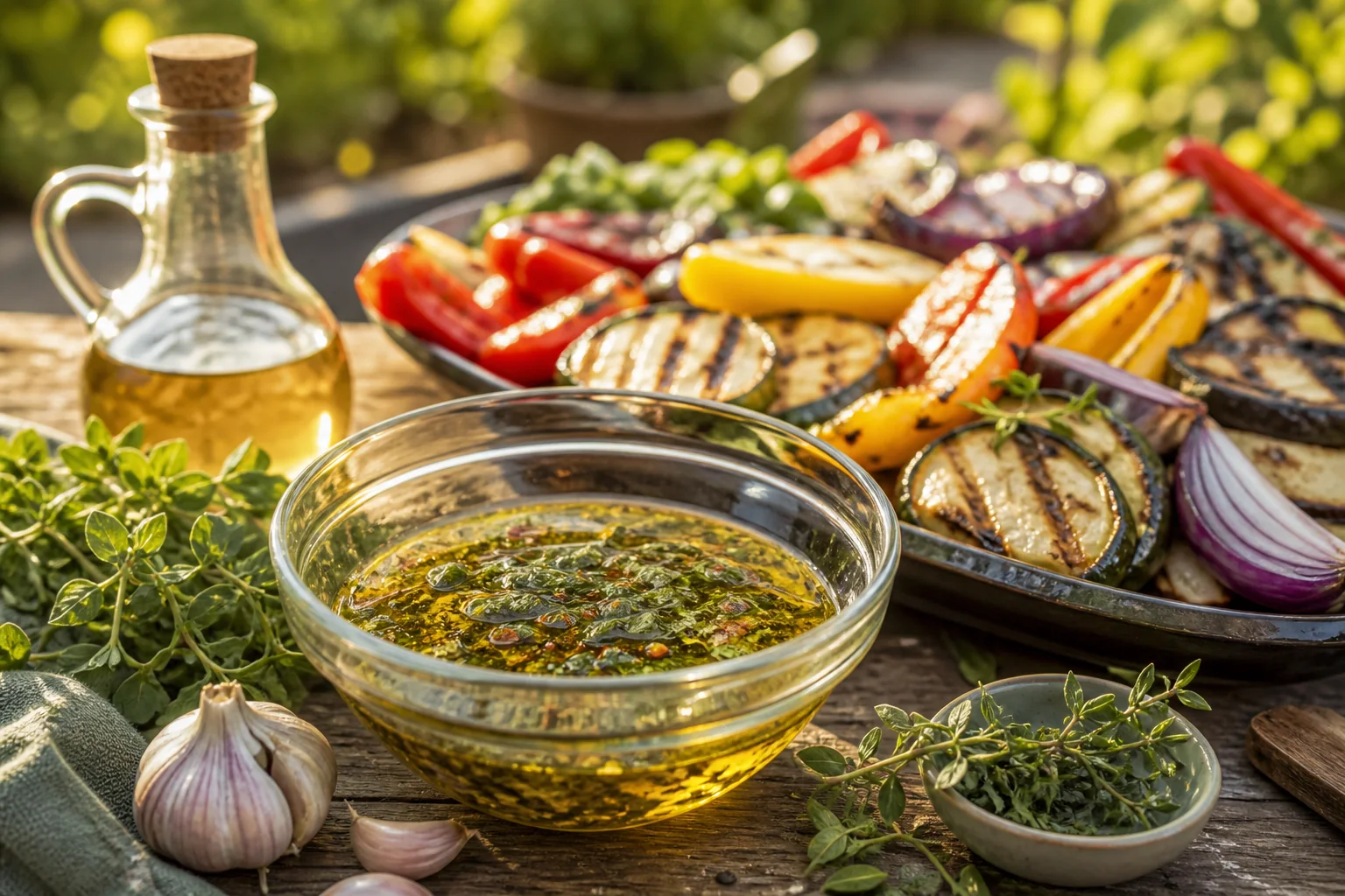 Marinade bowl with vinegar herbs and grilled vegetables