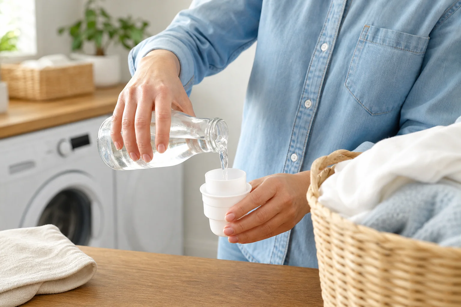 Vinegar used as laundry rinse aid in bright laundry room