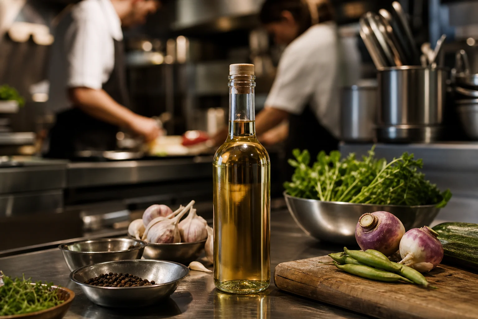 Vinegar bottle on restaurant kitchen prep station