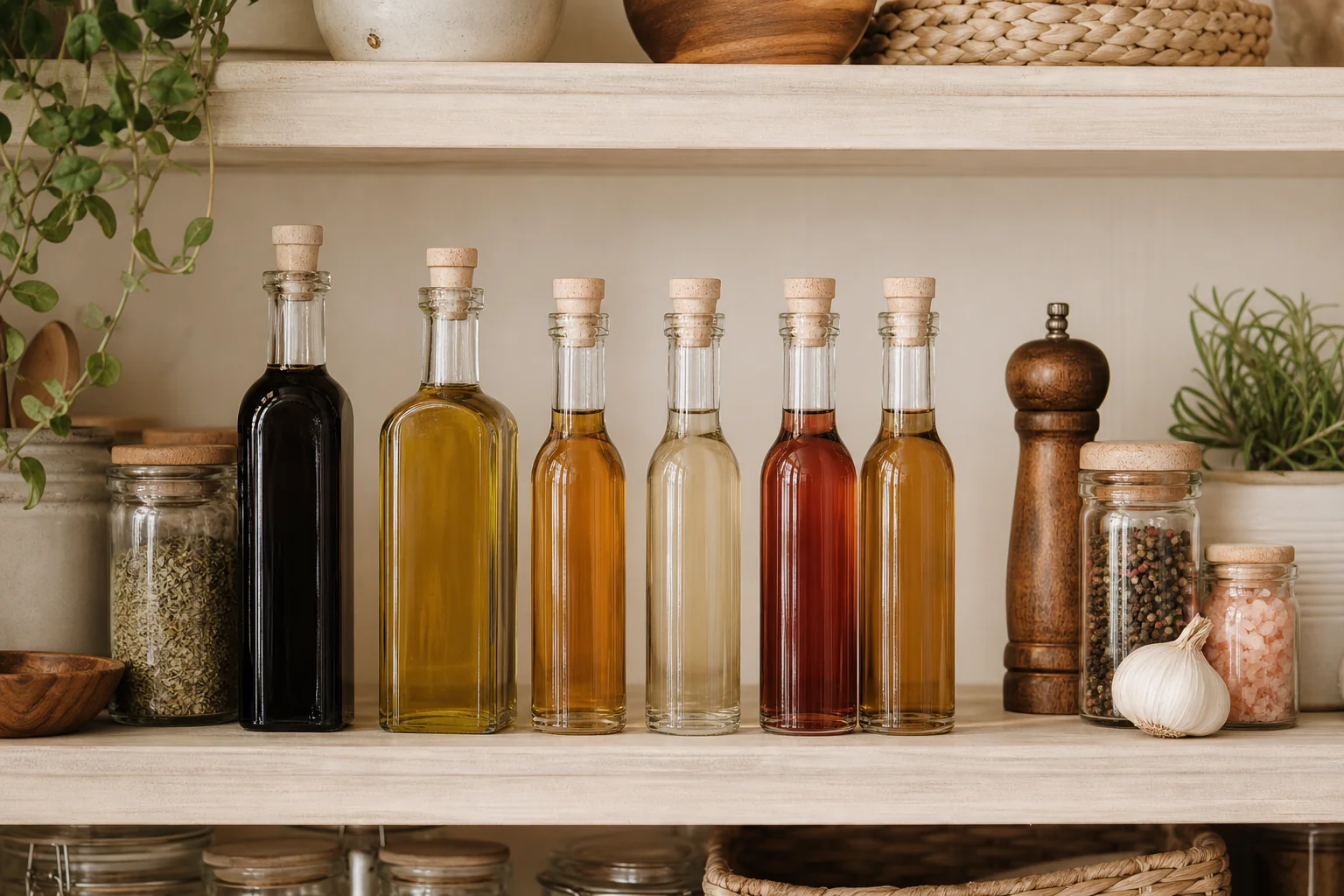 Vinegar bottles organized on home pantry shelf